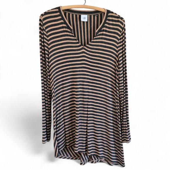 CAbi Tops - Cabi Medium Brown and Black Striped V-Neck Long Sleeve High-Low Tunic Top Womens